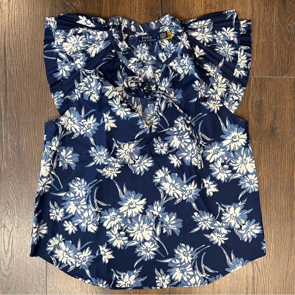 Polo Ralph Lauren Blue Floral Print Ruffle Sleeve Blouse SZ 2 - Picture 3 of 7